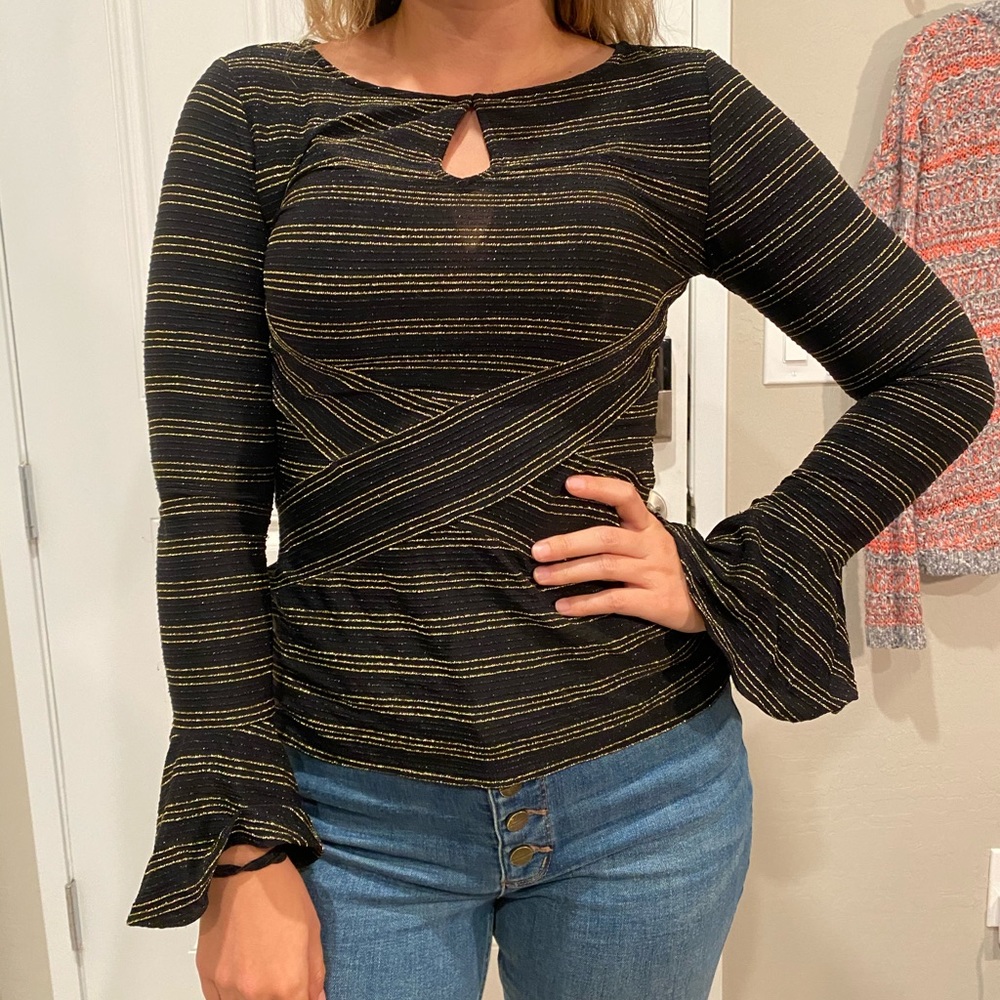 Beige Gold and Black Stripes Blouse, Size Medium